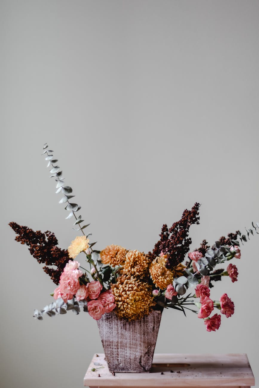 Multi colored flowers with vibrant petals and dark green leaves on table in bright room with white wall