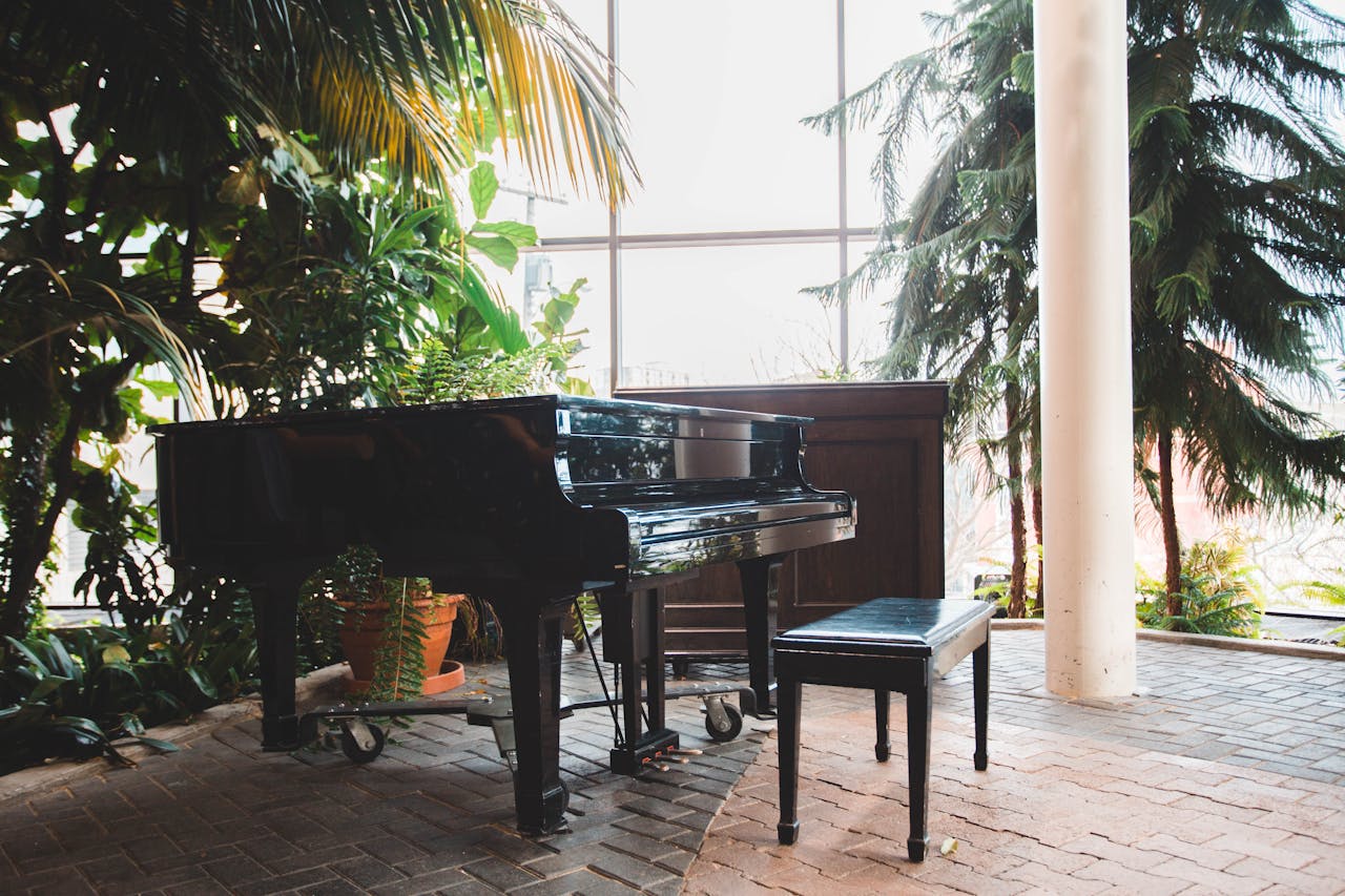 services-03 A classic black grand piano in a lush indoor garden space, offering a serene musical atmosphere.