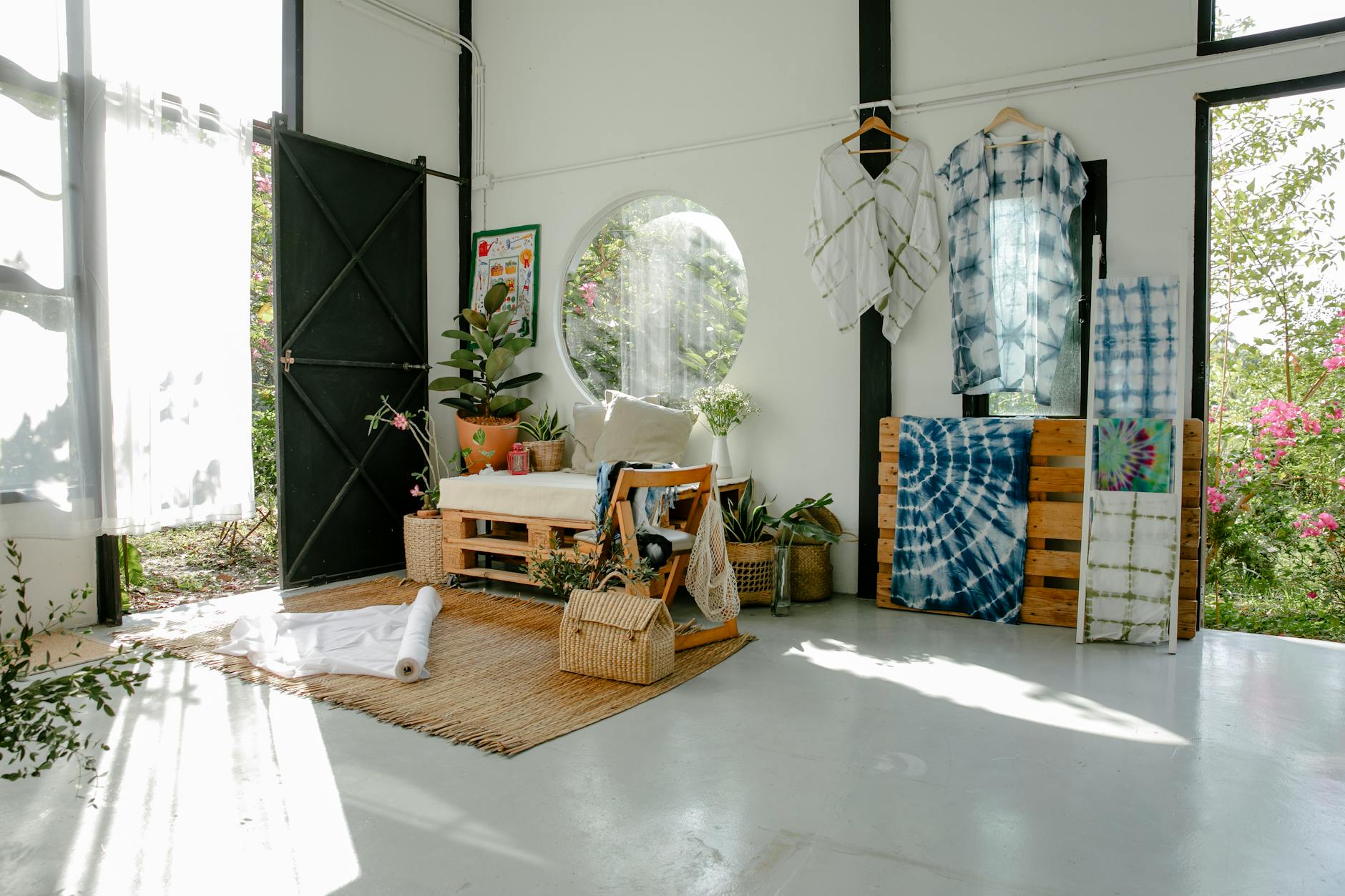 Sunlit interior with cozy seating and shibori textiles creates a modern, inviting atmosphere.